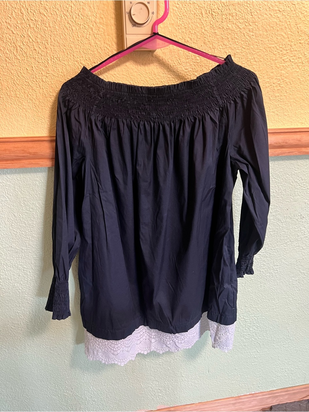 Zara Navy Off-Shoulder Dress with White Lace Trim